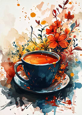 Watercolor Coffee Cup with Floral Accents