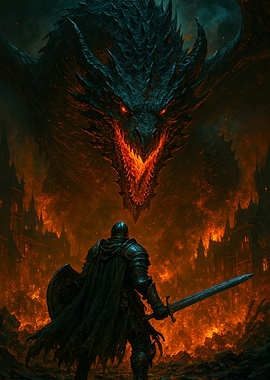 Knight Facing Dragon in Fiery Landscape
