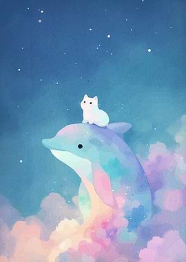 Cat on Dolphin in Starry Sky