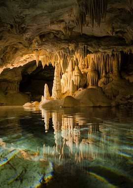 Cave with Stalactites and Water Reflection