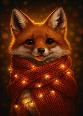 Fox with Scarf and Christmas Lights