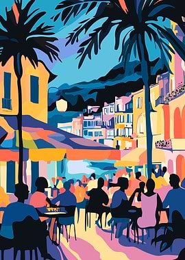 Pastel Europe Night Cafe Scene Abstract Art