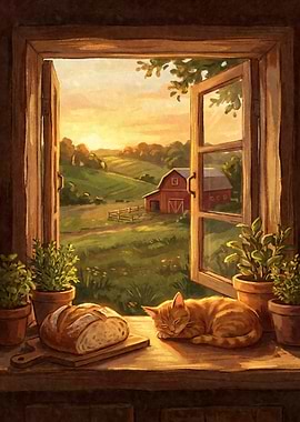 Cozy Window Scene with Cat and Bread