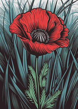 Red Poppy Flower in Grass Illustration