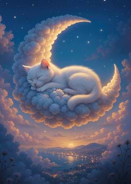Cat Sleeping on Cloud Moon