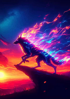 Neon Wolf on Cliff at Sunset