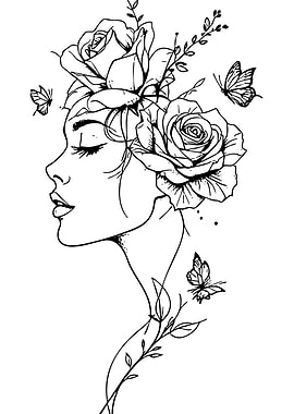 Woman with Roses and Butterflies Lineart