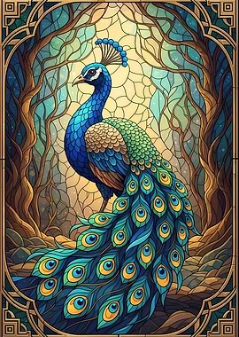 Peacock Stained Glass Art Nouveau Style