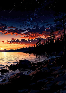 Sunset Lake Landscape with Forest