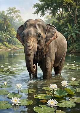 Elephant in Water with Lily Pads