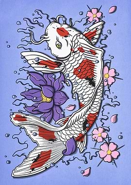 Koi Fish with Lotus and Cherry Blossoms