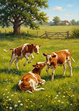 Calves playing in a summer meadow