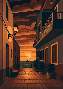 Spain - Tenerife - Puerto de Santiago - Mediterranean Sunset Alley art deco Illustration