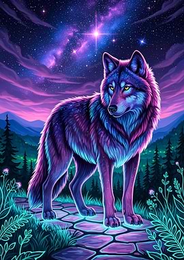 Neon Wolf Under Starry Sky