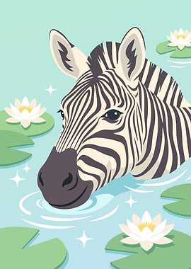 Zebra in Water with Lily Pads