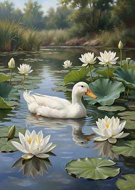 Duck and Water Lilies in Pond