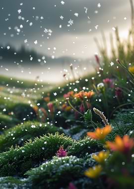 Snowy Meadow with Flowers