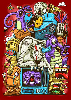 Cartoon Monster Mashup on Red Background