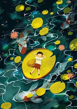 Boy on Lily Pad with Koi