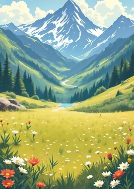 Mountain Valley Landscape with Flowers
