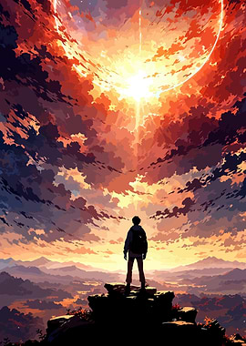 Man on Peak Under Fiery Sky