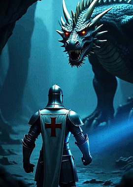 Knight facing a dragon in cave