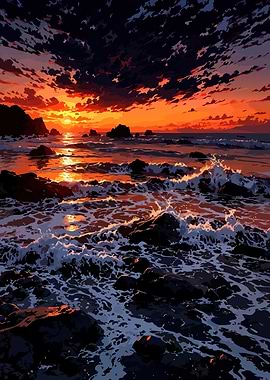 Fiery Sunset Over Rocky Coastline