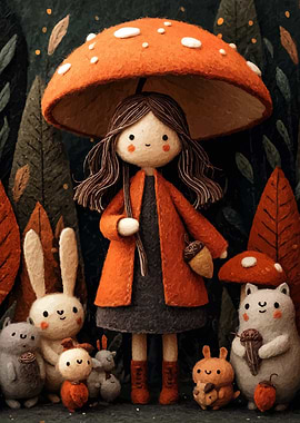 Autumn Forest Doll with Mushroom Umbrella