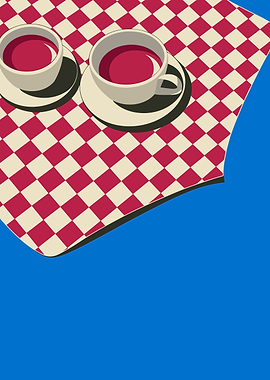 Two cups on checkered tablecloth