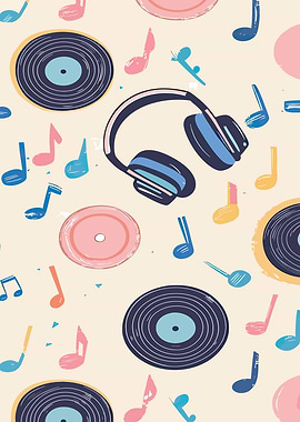 Music Pattern with Records and Headphones