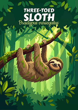 Three-Toed Sloth in Forest Illustration