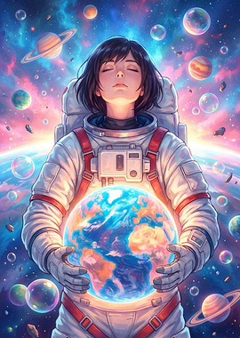 Astronaut Girl Holding Earth in Space