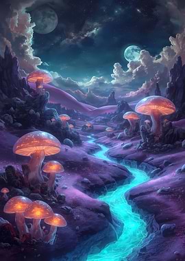 Glowing Mushroom Landscape with Turquoise River