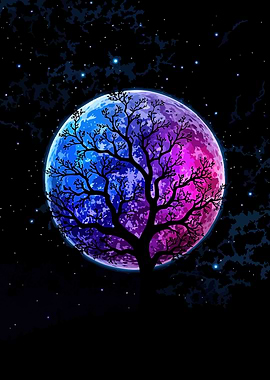 Colorful Moon with Tree Silhouette