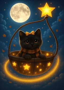 Cute Black Cat in Starry Basket