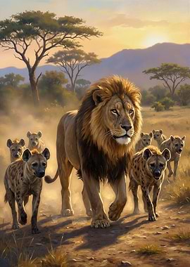 Lion and Hyenas in African Savannah