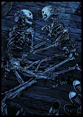 Skeletal Embrace on Wooden Floor