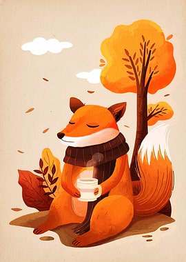 Autumn Fox with Coffee Illustration