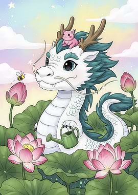 Cute Dragon with Lotus Flowers