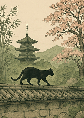 Black Cat in a Japanese Garden