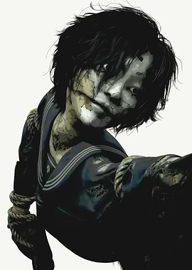 Creepy Schoolgirl with Cracked Doll Face