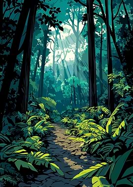 Cool Forest Morning Path Minimalist Art Illustration