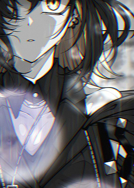 Monochrome Anime Character Portrait with Glitch