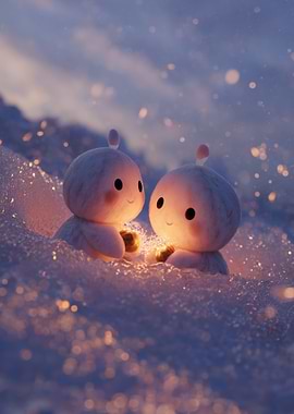 Two Cute Creatures in Snowy Landscape