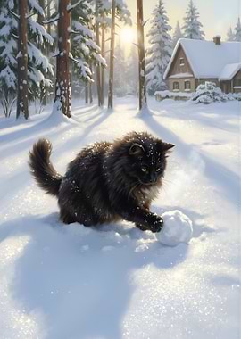 Cat playing with snowball in winter