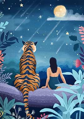 Tiger, Woman, and Night Sky