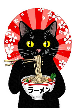 Black Cat Eating Ramen