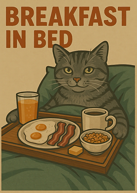 Breakfast in Bed Cat Illustration