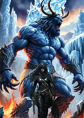 Fantasy Warrior and Ice Monster