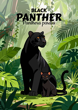 Black Panther and Cub in Jungle